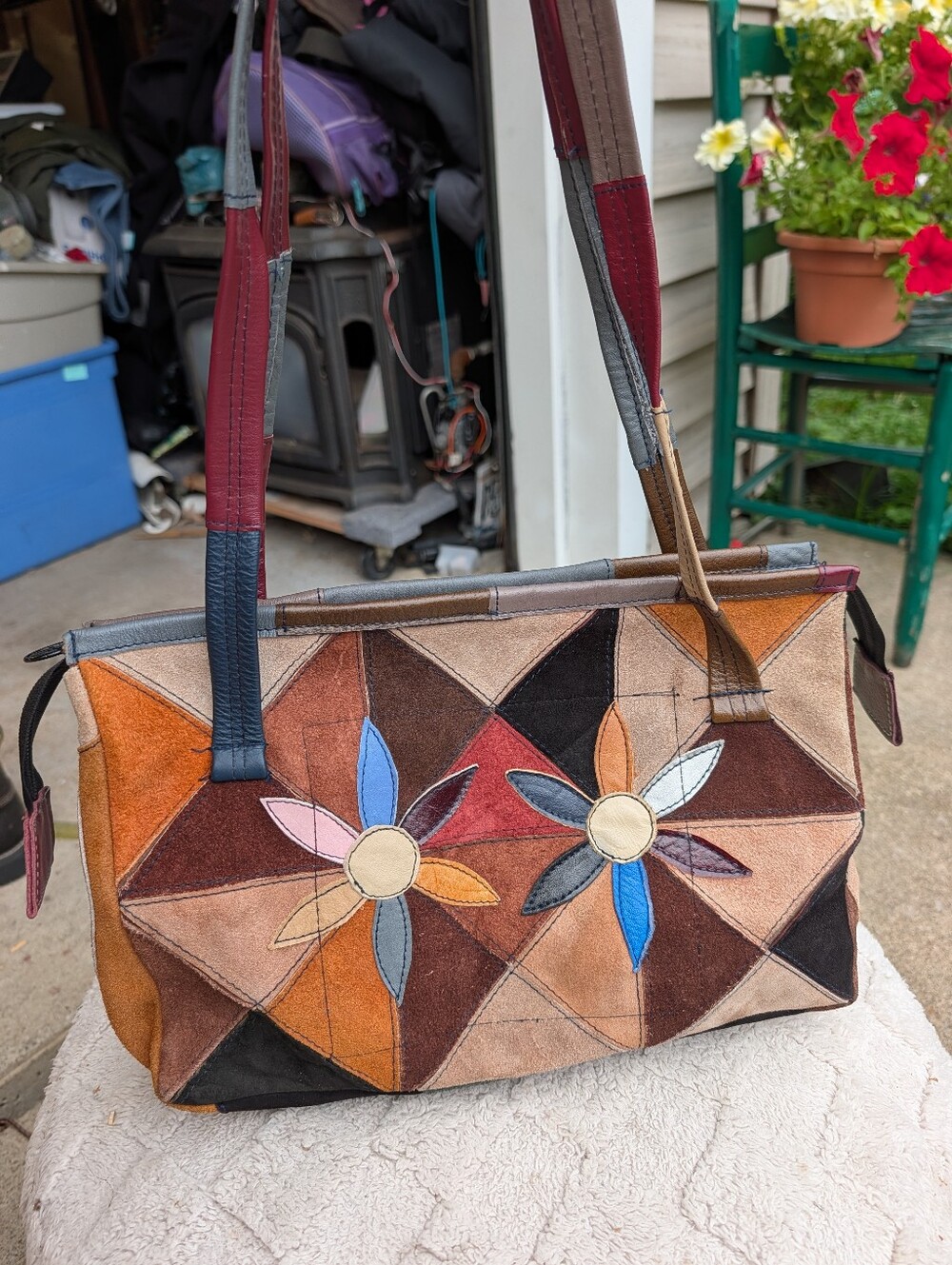 Patchwork Suede Floral Tote Bag in Brown Multi